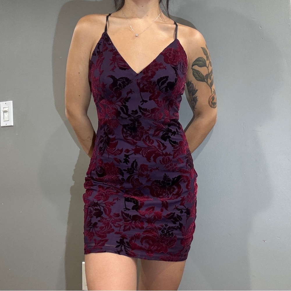 Red and Purple Velvet Floral Mini Dress